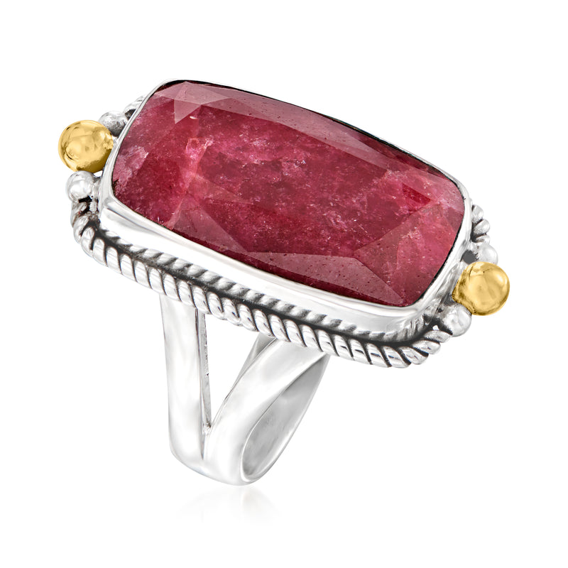 Rope-edged oval ruby ring in sterling silver with raised gold accent spheres
