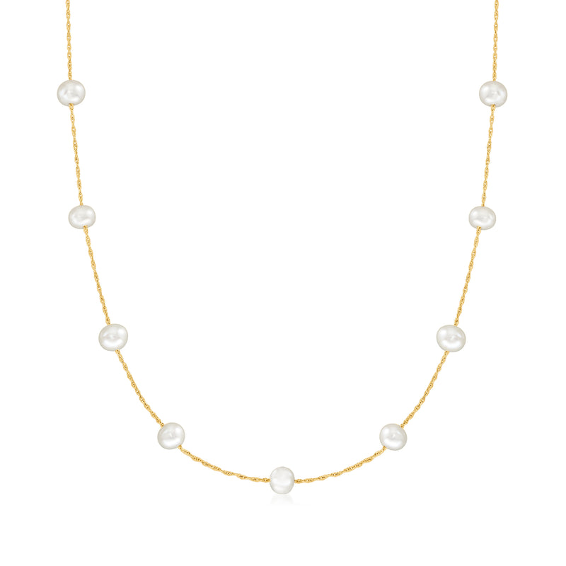 14kt yellow gold pearl station necklace with round cultured pearls