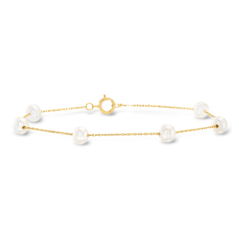 14kt yellow gold pearl station bracelet with 5–5.5mm white cultured pearls