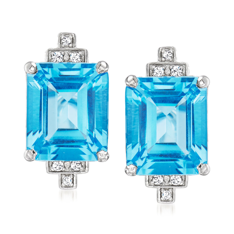Sterling silver earrings with Swiss blue topaz and diamond accents, square cut