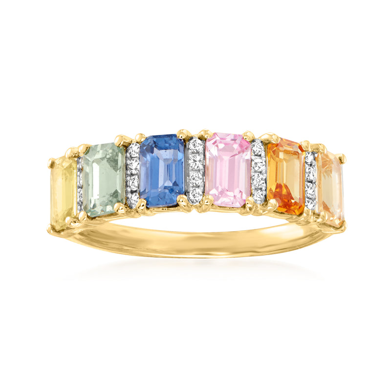 14kt yellow gold multicolored sapphire ring with green, blue, pink, orange stones