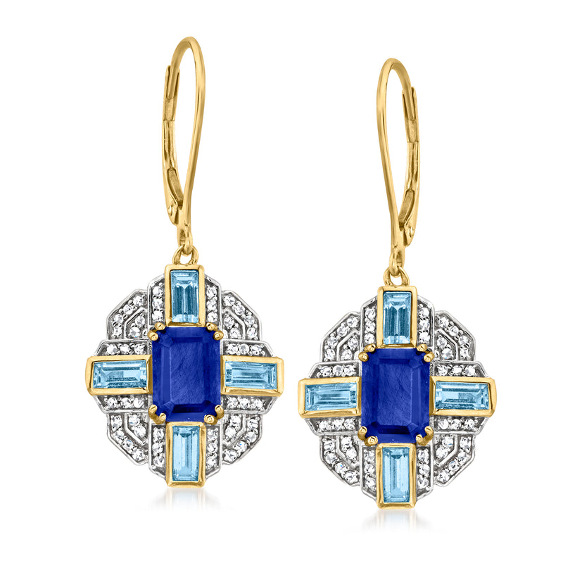 14kt yellow gold blue stone and diamond halo leverback drop earrings