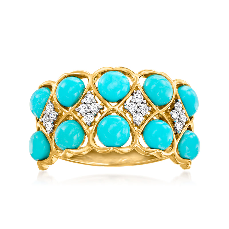 14k yellow gold ring with turquoise oval stones and diamond accents