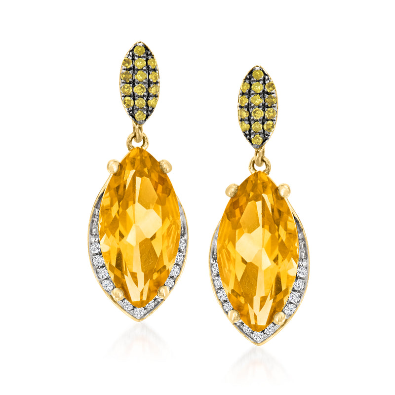 14kt yellow gold citrine teardrop drop earrings with diamond halos