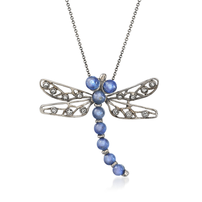 Vintage dragonfly pin-pendant necklace in white gold with blue sapphire and diamond accents