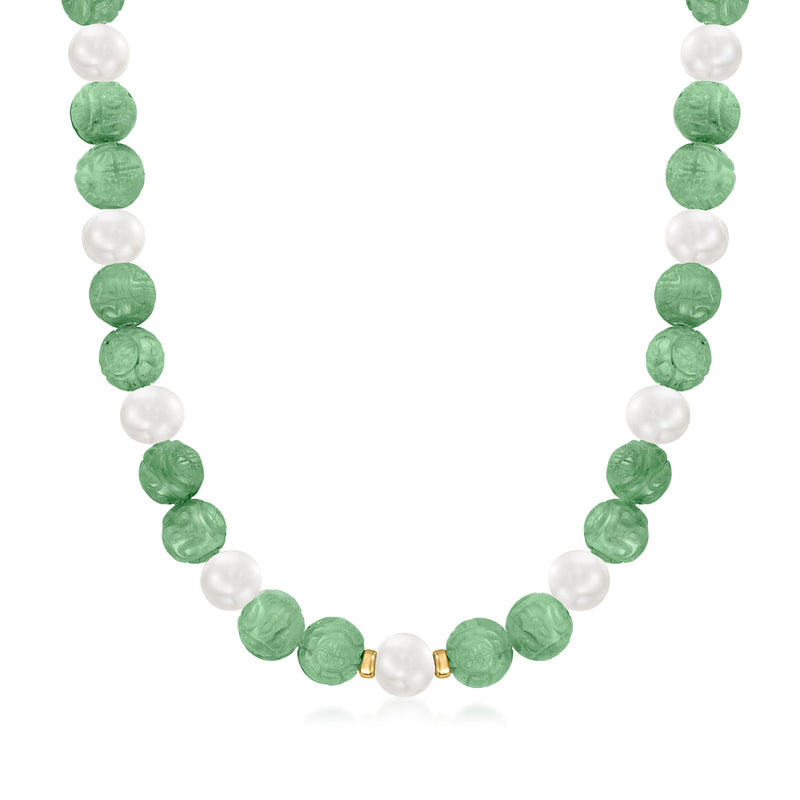 Cultured pearl and carved jade bead necklace with 14kt yellow gold spacer
