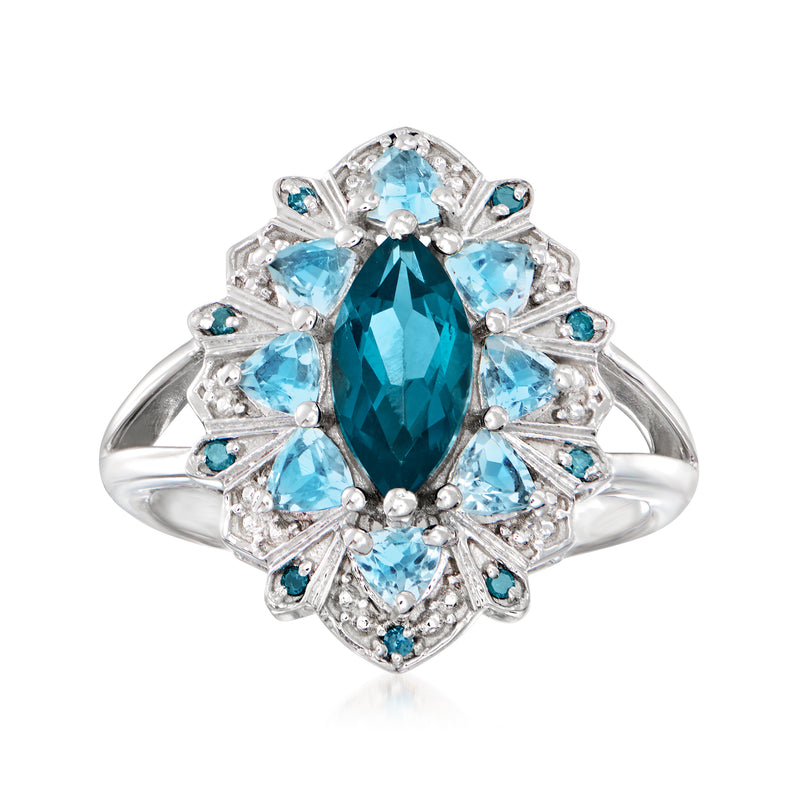Sterling silver ring with oval London blue topaz center and sky-blue accents, diamond details