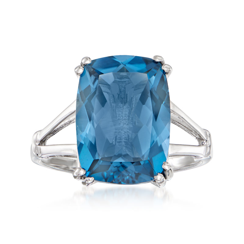 Sterling silver ring with cushion-cut London blue topaz center stone, four-prong setting