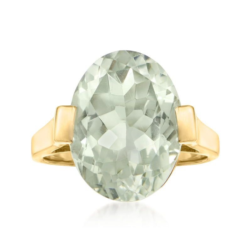 Oval light-green prasiolite ring with gold bezel and square-cut shoulder details