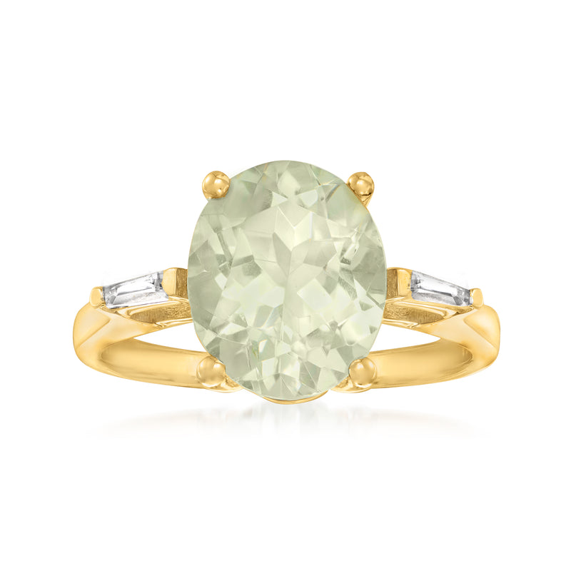 18kt gold over sterling prasiolite oval ring with white zircon side stones