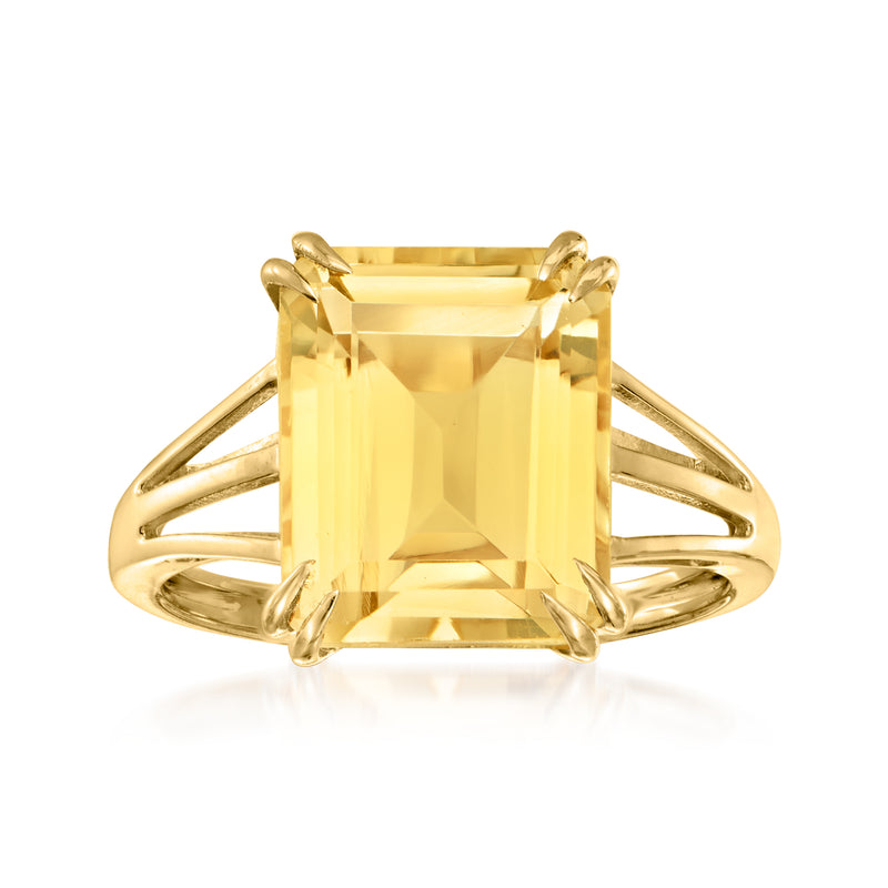 Citrine gemstone ring with rectangular step-cut stone and gold over sterling setting
