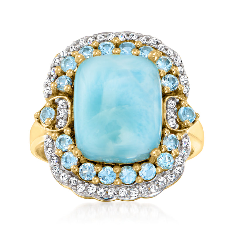 18kt gold over sterling ring with large sky-blue oval gemstone, halo of blue topaz and white zircons