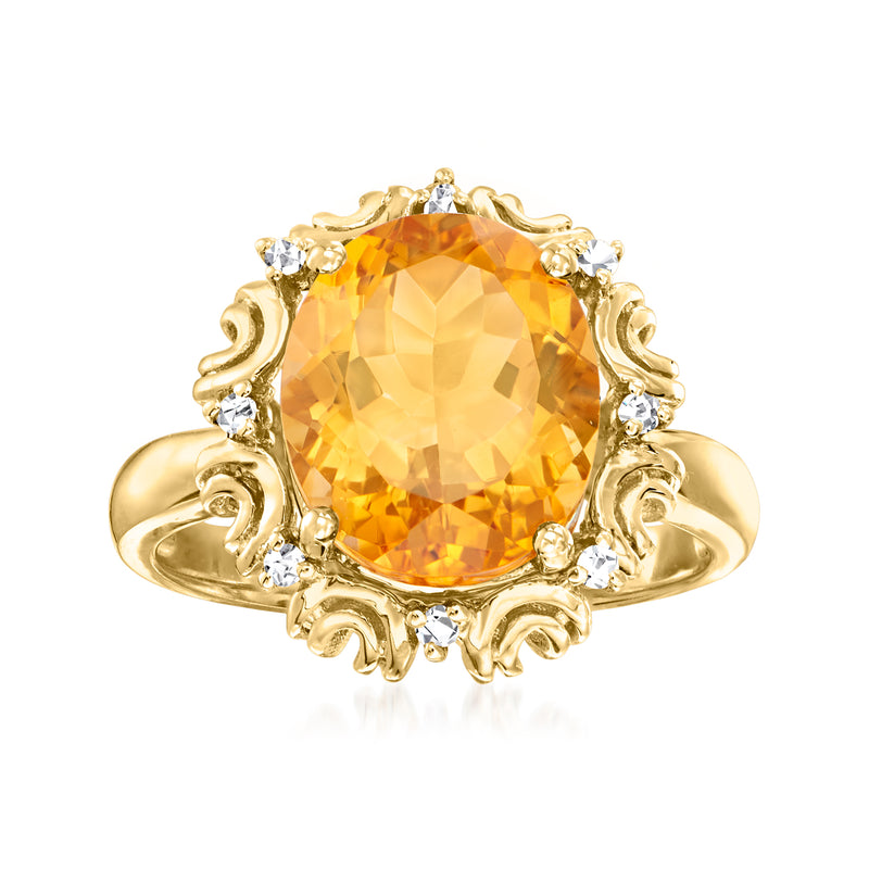 14kt yellow gold oval citrine ring with diamond accents, ornate scroll setting