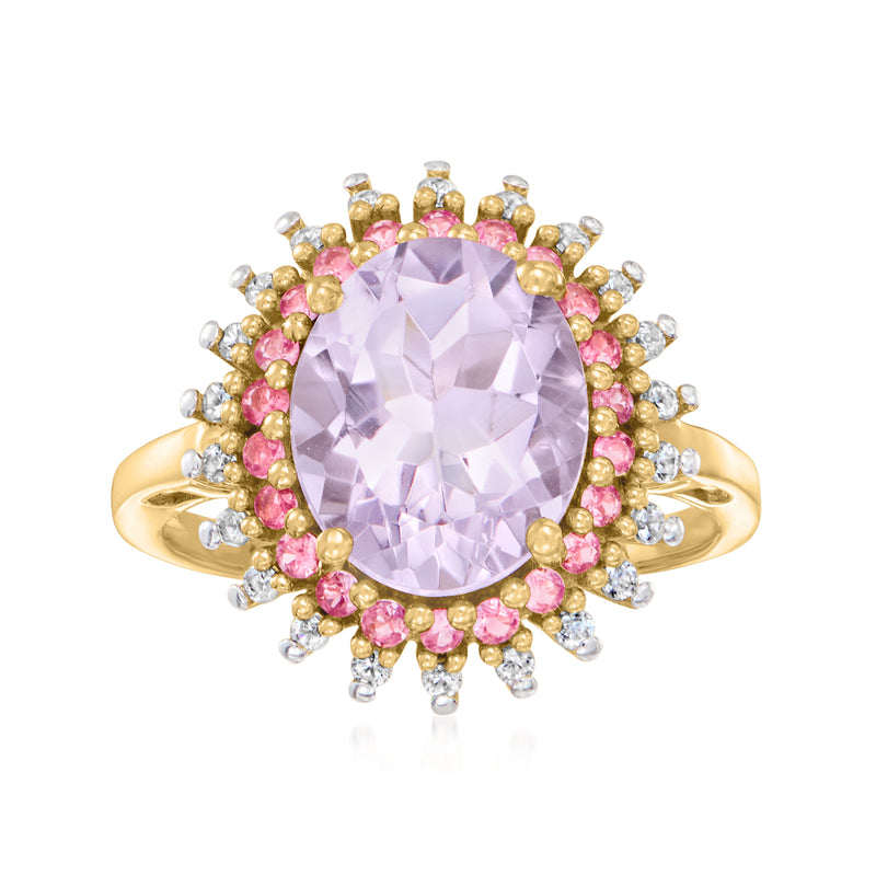 Oval amethyst ring with pink and white stone halo, set in 18kt gold over sterling.