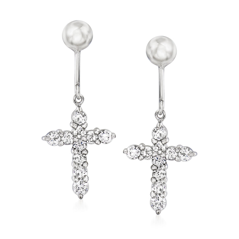 14kt white gold cross drop earrings with round diamond accents