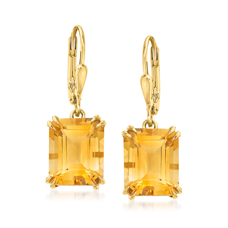 18kt gold over sterling leverback drop earrings with square citrine gemstone.