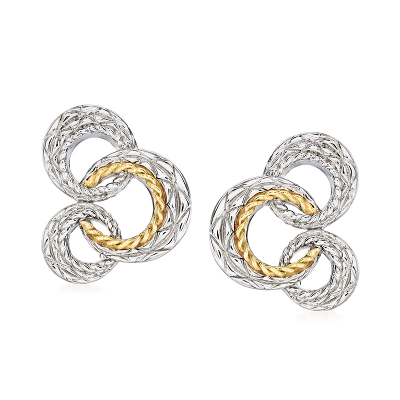 Sterling silver open-circle earrings with 18kt yellow gold swirl accents