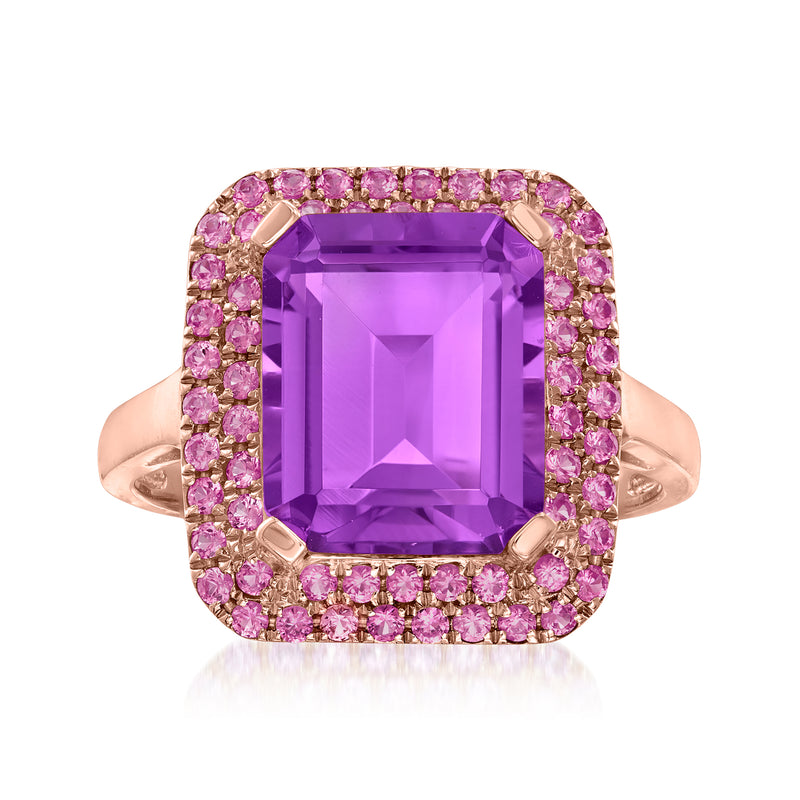 14kt rose gold ring with large square-cut amethyst and pink gemstone halo
