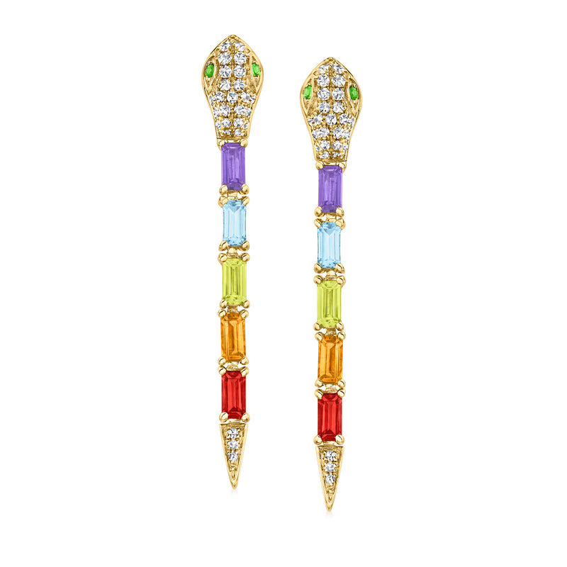 14kt yellow gold snake drop earrings with multicolor gemstones and diamond accents