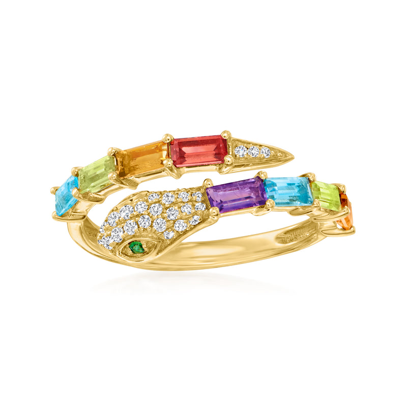 14kt yellow gold snake ring with multicolor gemstones and diamond accents