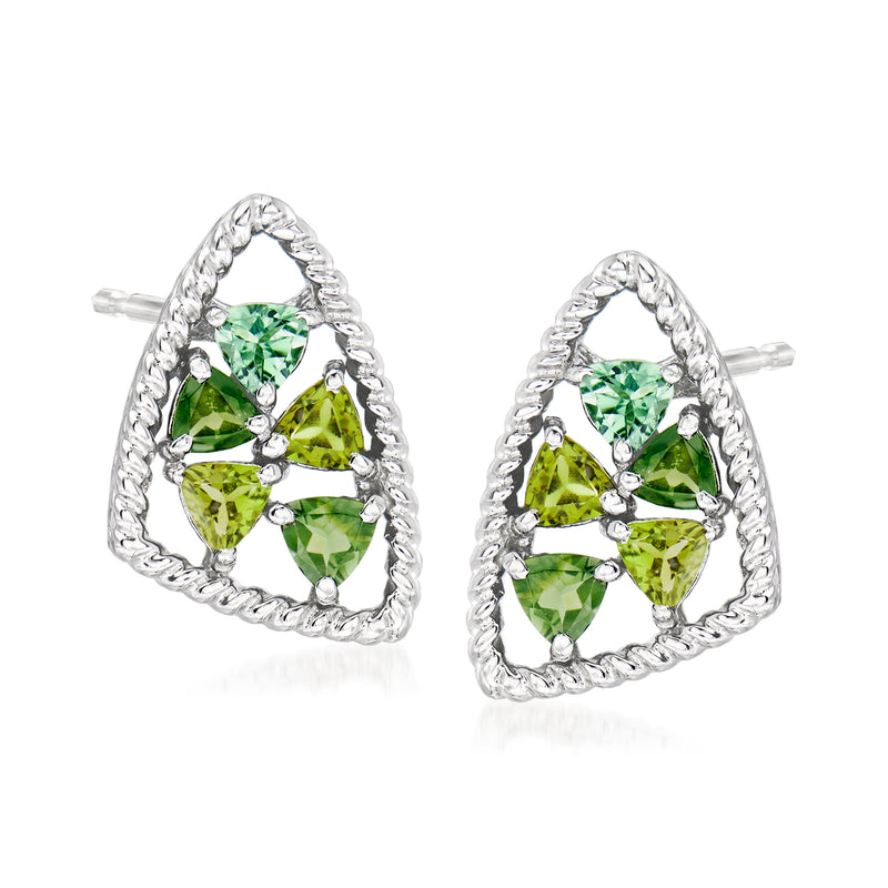 Sterling silver mosaic tourmaline post earrings, green pear and round stones