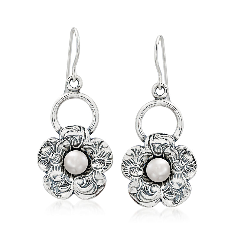 Sterling silver flower drop earrings with cultured pearl center, earwire hooks