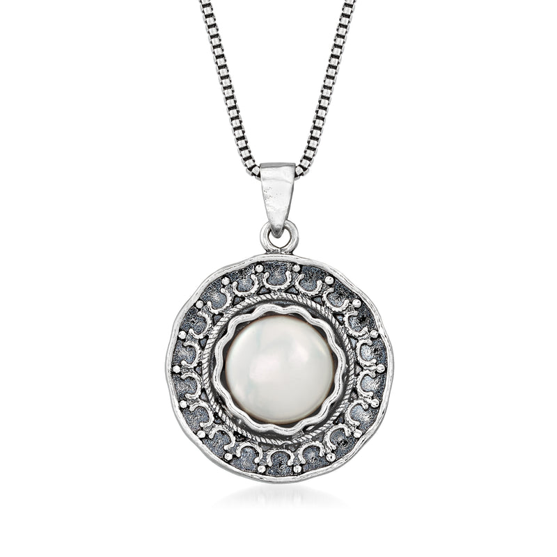 Sterling silver coin pearl pendant necklace with round white cultured pearl centerpiece