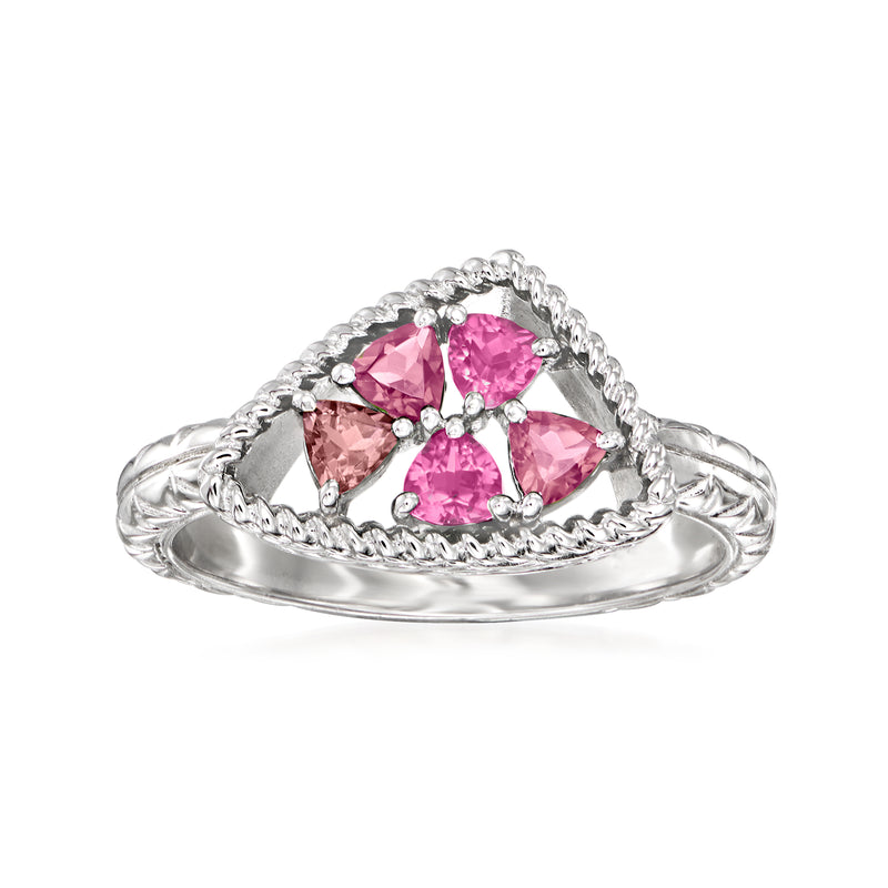 Sterling silver ring with pink tourmaline mosaic and braided filigree band
