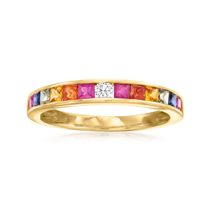 14kt yellow gold ring with multicolored sapphire inlays and center diamond detail