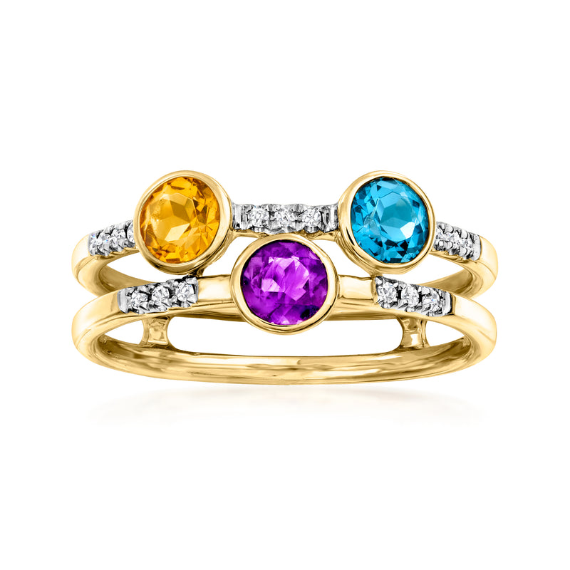 14kt yellow gold multi-gemstone ring: yellow, purple & blue rounds with diamond accents