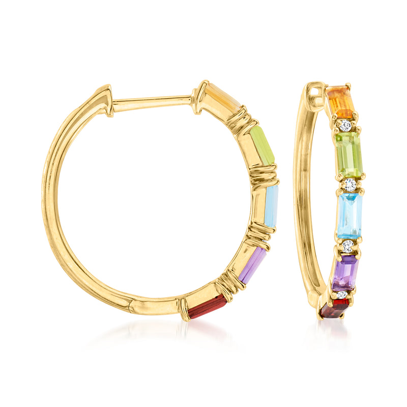 14kt yellow gold hoop earrings with multicolor gemstone bar accents