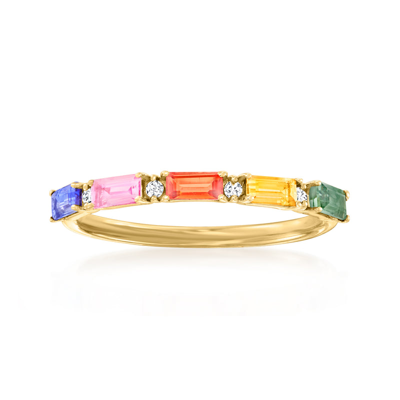 Multicolored sapphire and diamond accent ring in 14kt yellow gold with blue, pink, orange, green