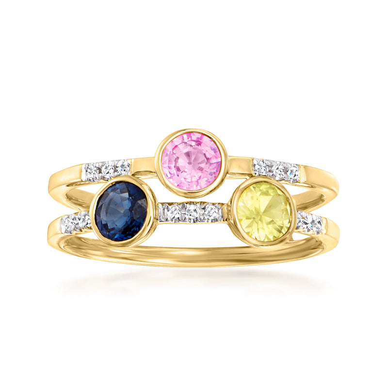 14kt yellow gold stacked ring with pink, blue, and yellow sapphires and diamond accents