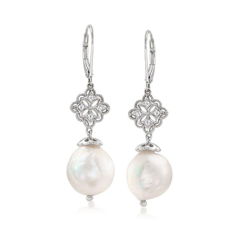 Sterling silver leverback drop earrings with floral halo and large white cultured pearl