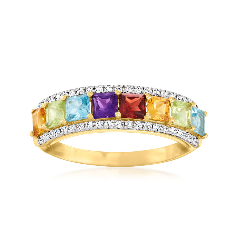 14kt yellow gold multi-gemstone ring with blue, purple, red, and yellow stones; diamond accents