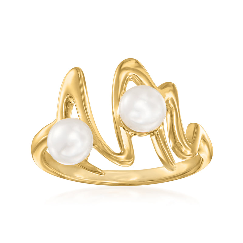 18kt gold zigzag ring with two 5mm cultured pearls