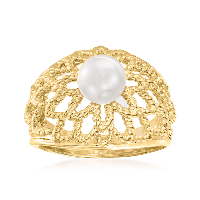 Gold over sterling cultured pearl ring with round white pearl centerpiece