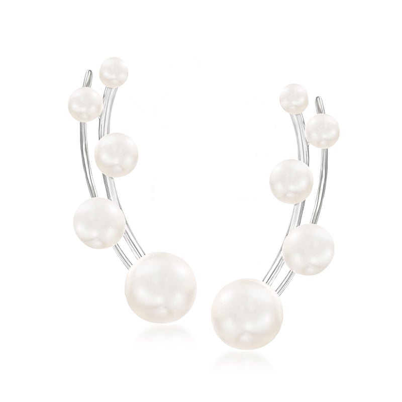Sterling silver pearl ear climbers with round cultured pearls on curved drops