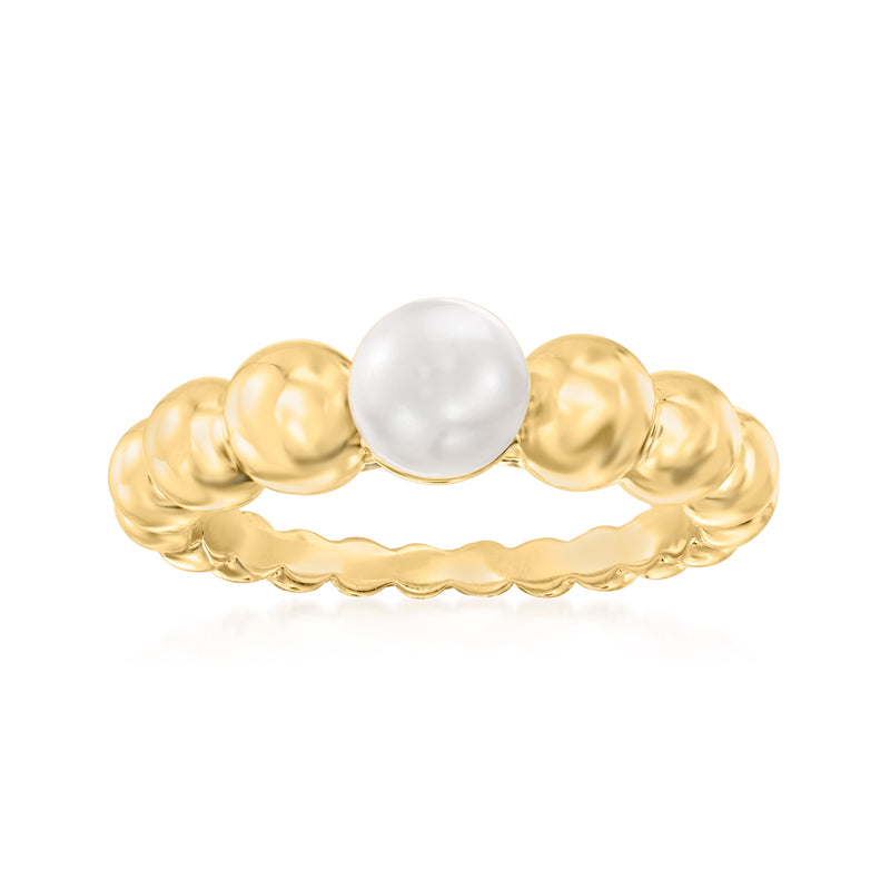 Gold bead-style ring with round white pearl center, 18kt gold over sterling