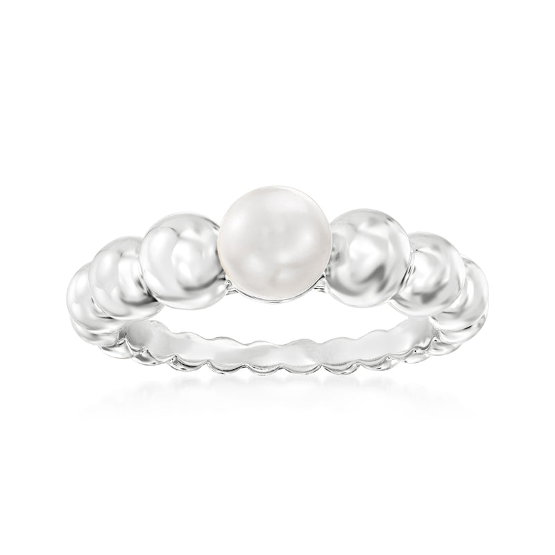 Sterling silver bead-style ring with round pearl center and textured side beads
