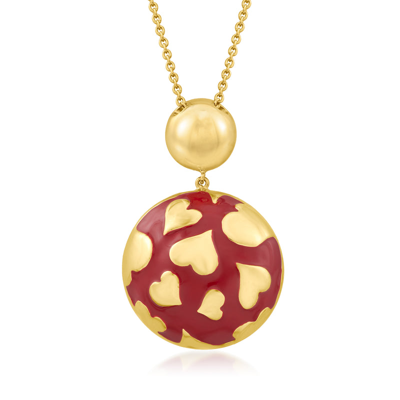 Gold over sterling pendant necklace with red enamel heart circle charm and chain