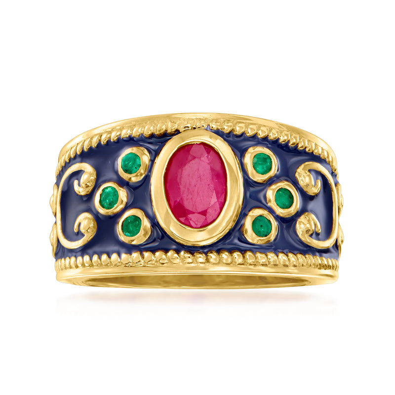18k gold over sterling ring with oval ruby, green emeralds, and blue enamel