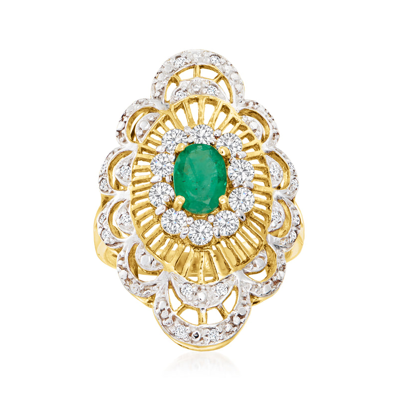 Emerald and white zircon halo ring in gold over sterling
