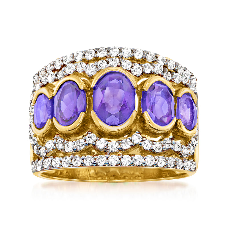 Gold over sterling oval tanzanite-style purple gemstones ring with diamond accents