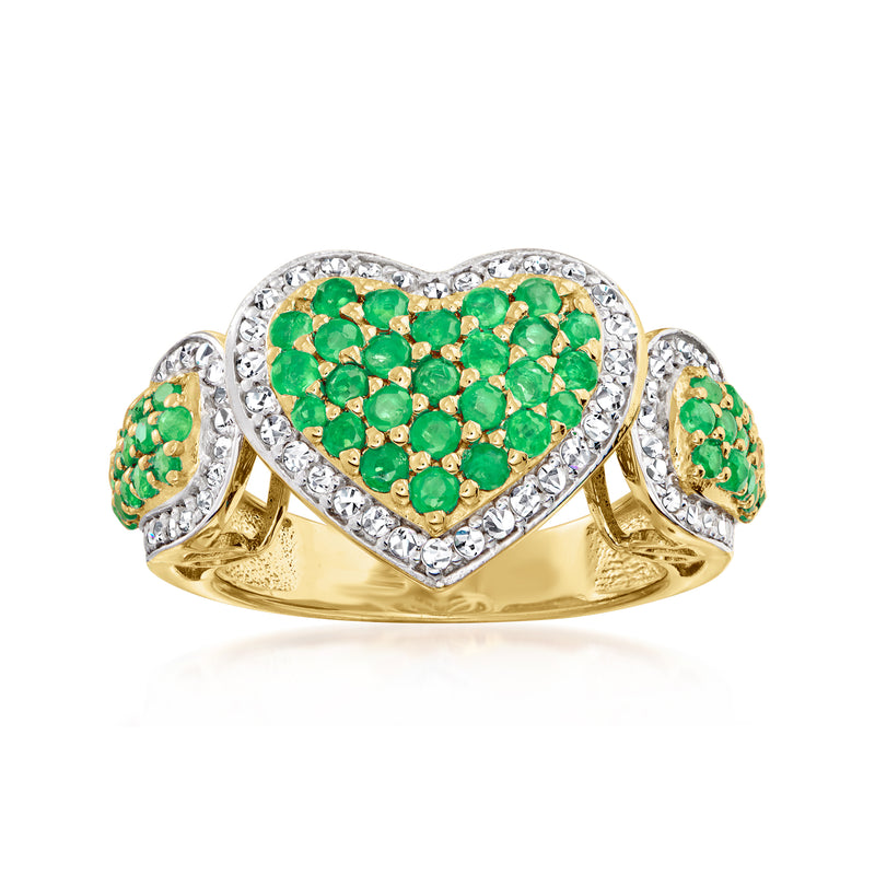 Heart-shaped green gemstone ring with white zircon halo, gold band