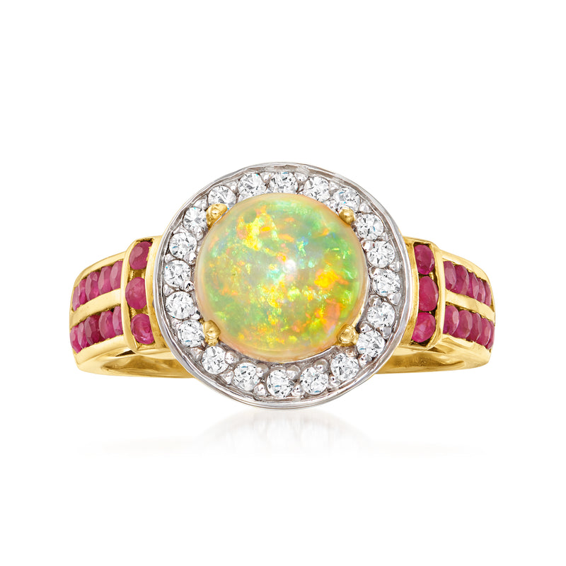 Gold over sterling opal cabochon ring with white zircon halo and purple gemstone accents