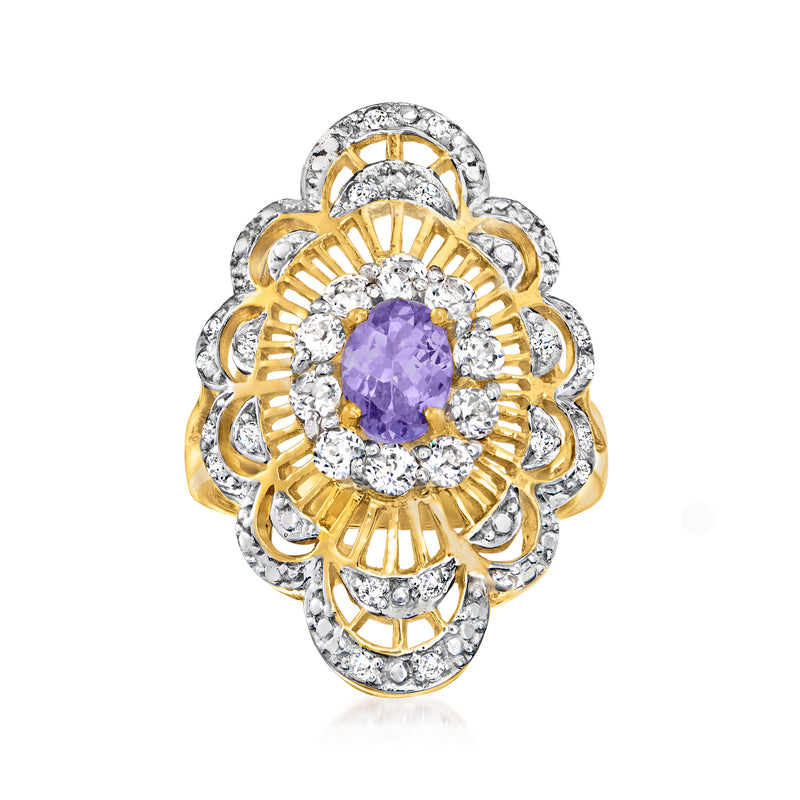 Gold-tone tanzanite halo ring with oval lavender gemstone and white zircon border
