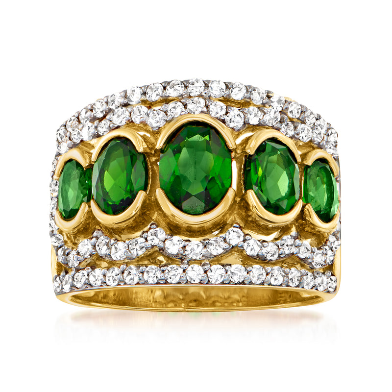 Gold over sterling ring with three oval green chrome diopside stones and white zircon accents