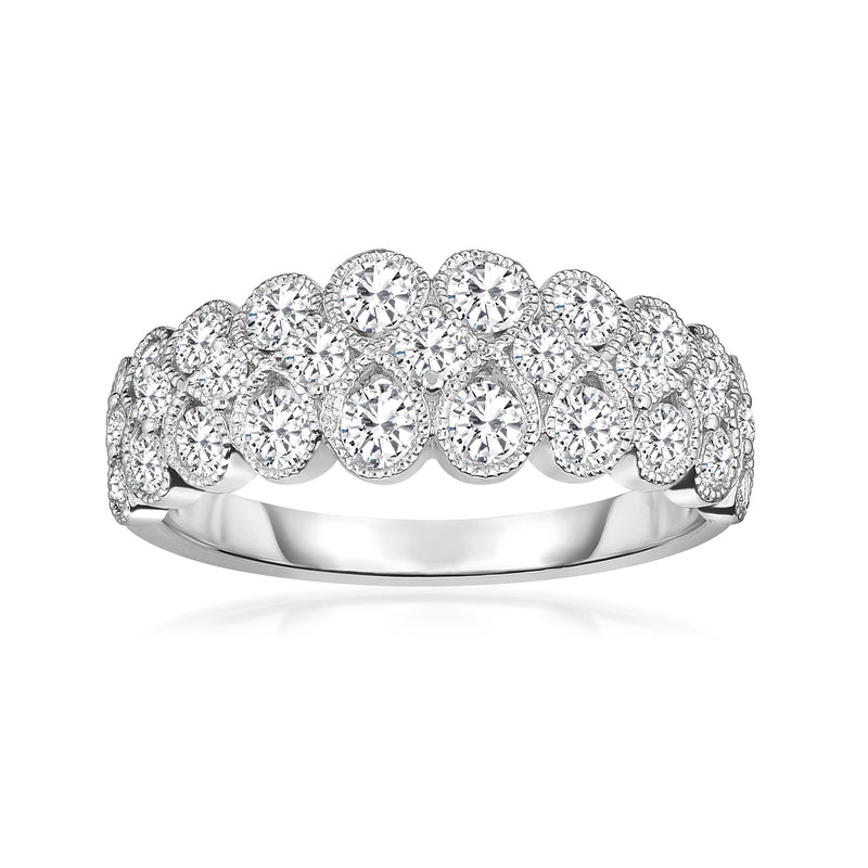 Two-row diamond ring in 14k white gold with round bezel-set stones