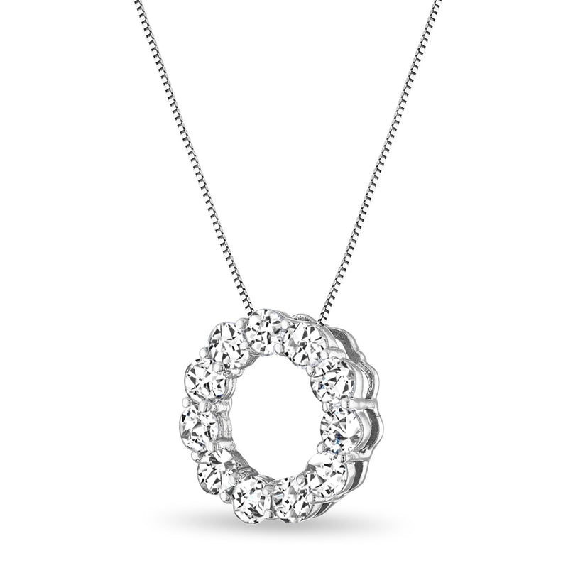 Diamond circle pendant with bezel-set round stones on white gold chain, angled view